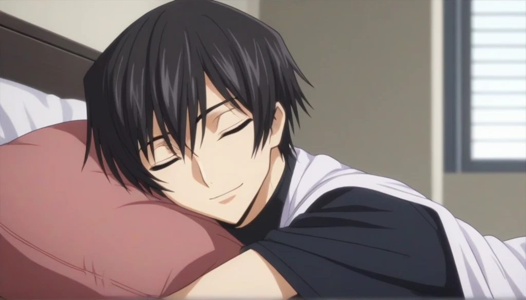 score_9, score_8_up, score_7_up, source_anime, rating_safe, intricate details, anime screencap, , , looking at viewer, depth of field, 1boy, solo, male focus, lelouch_lamperouge, black hair, purple eyes, bangs, smile, closed eyes, sleeping, cute, black swim trunks costume, bed room, day.