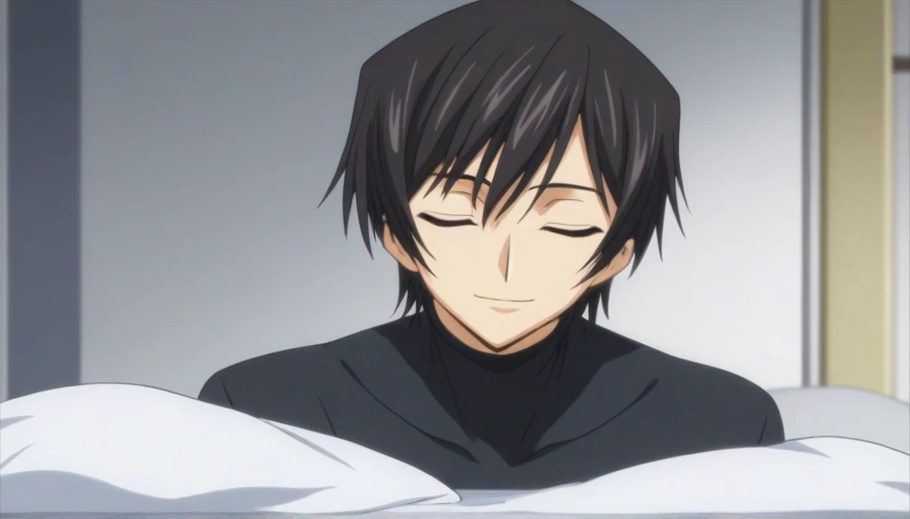 score_9, score_8_up, score_7_up, source_anime, rating_safe, intricate details, anime screencap, , , looking at viewer, depth of field, 1boy, solo, male focus, lelouch_lamperouge, black hair, purple eyes, bangs, smile, closed eyes, sleeping, cute, black swim trunks costume, bed room, day.