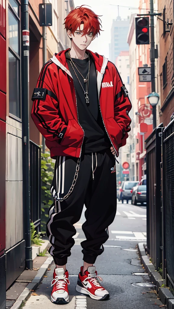 Young man, red hair, chain necklace, black trainers