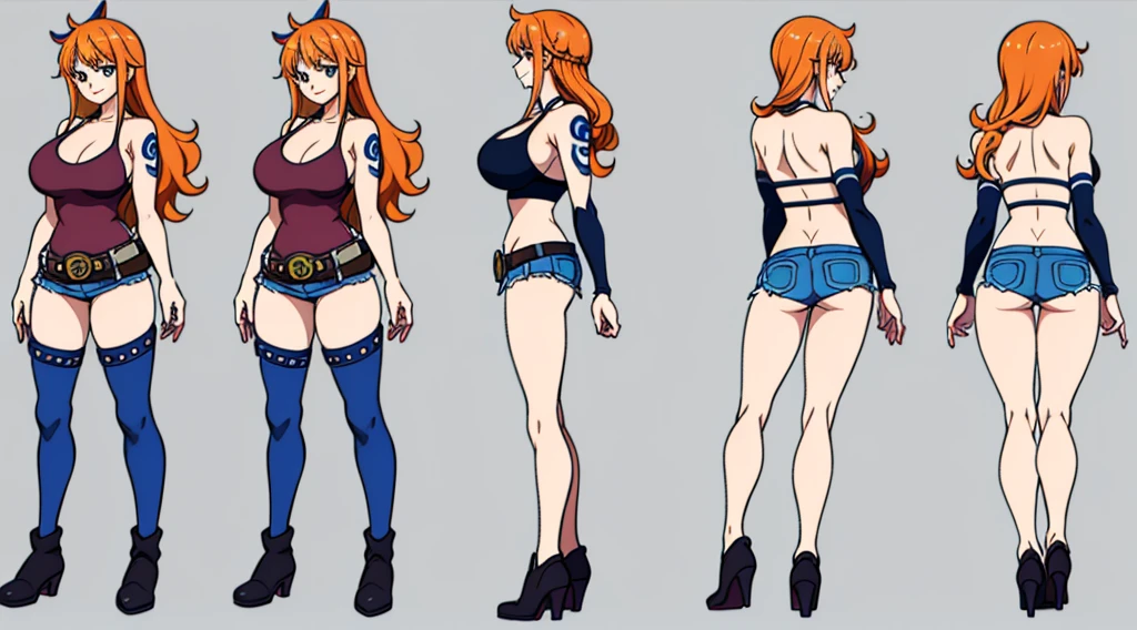 ((Best Quality)), ((Masterpiece)), (((detailed character sheet, frontal view, side view, three quarter view))) white background、one piece、US、whole body、whole bodyイラスト、whole bodyアニメーション、whole bodyリファレンスシート、denim、Tank top、High heels、Swimwear、Bikini、original、New World、Long Hair、Orange Hair、Tattoo on left arm、Ring belt、Heighten your head、smile、Cute face、Big Breasts、Narrow waist、Long legs、Beautiful feet、9 heads