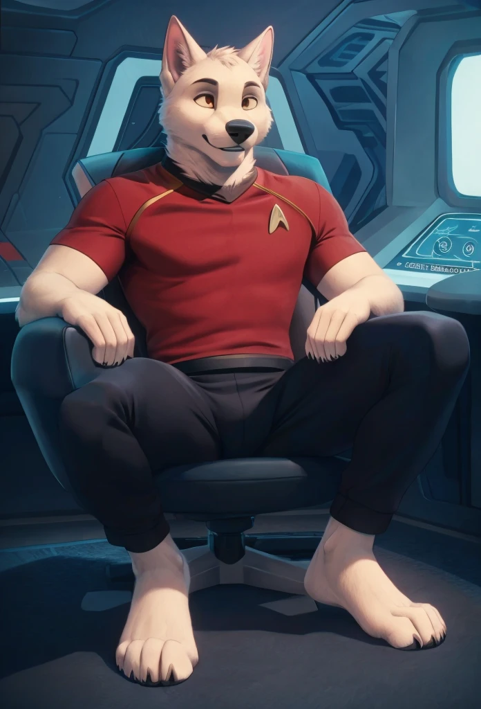 (((Barefoot furry character, full body, cinematic setting, furry male, plantigrade))) 

(((Bolt))) (anthro dog with white fur, very cute and young looking face, big black snout), exudes confidence and authority as he sits in the captain's chair, and his (((Star Trek uniform))) with the Starfleet Delta badge on his chest is a perfect match for his muscular figure. Handsome clawed feet paws dominate the bridge of the star ship and its crew. ((Bridge of Star Trek starship with many screens and consoles as background)), futuristic look, metalic. anatomically correct, Long black pants, red shirt.

BREAK, intricate details, highly detailed, extreme detail, octane render, fine art, best quality, highres, (detailed face:1.5), ((full_body)), UHD, (((perfect hands))), low light