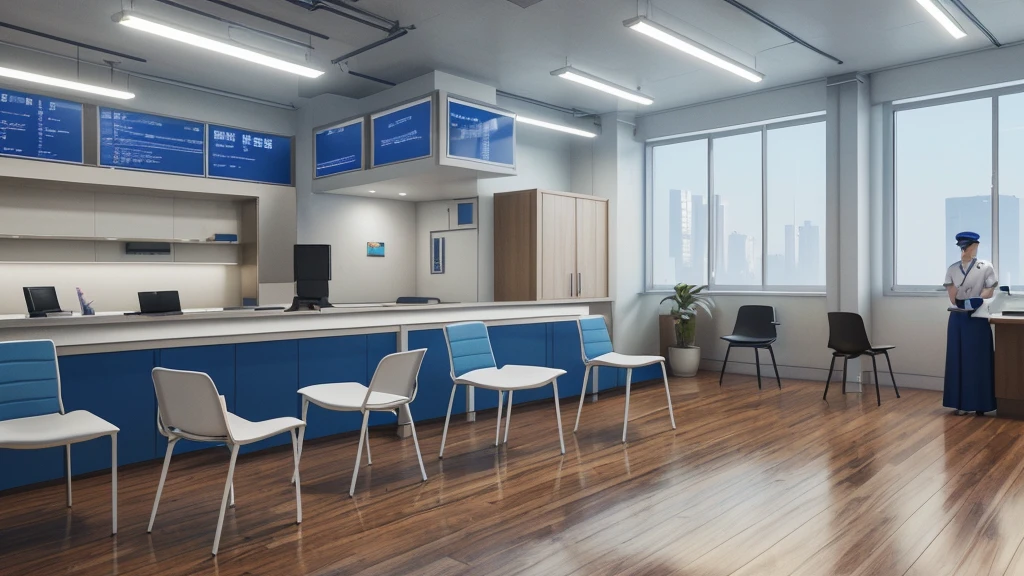 ((masterpiece)),((Highest quality)),Laboratory Space,Jiangnan、 District Police Station, A chin-opening service desk, Digital screen and chairs in waiting area for people, Paper documents, Features, Neighborhood Committee, Logo, blue, People standing around,blender,OC Renderer,C4D,3d,Unreal Engine,Adding details,Extremely high resolution,