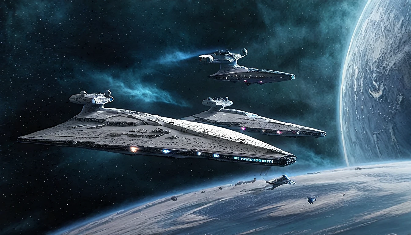 A war between Star_Wars and Star_Trek battleships in space environment, StarWars, StarTrek, mfalcon, sdestroyer, Enterprise