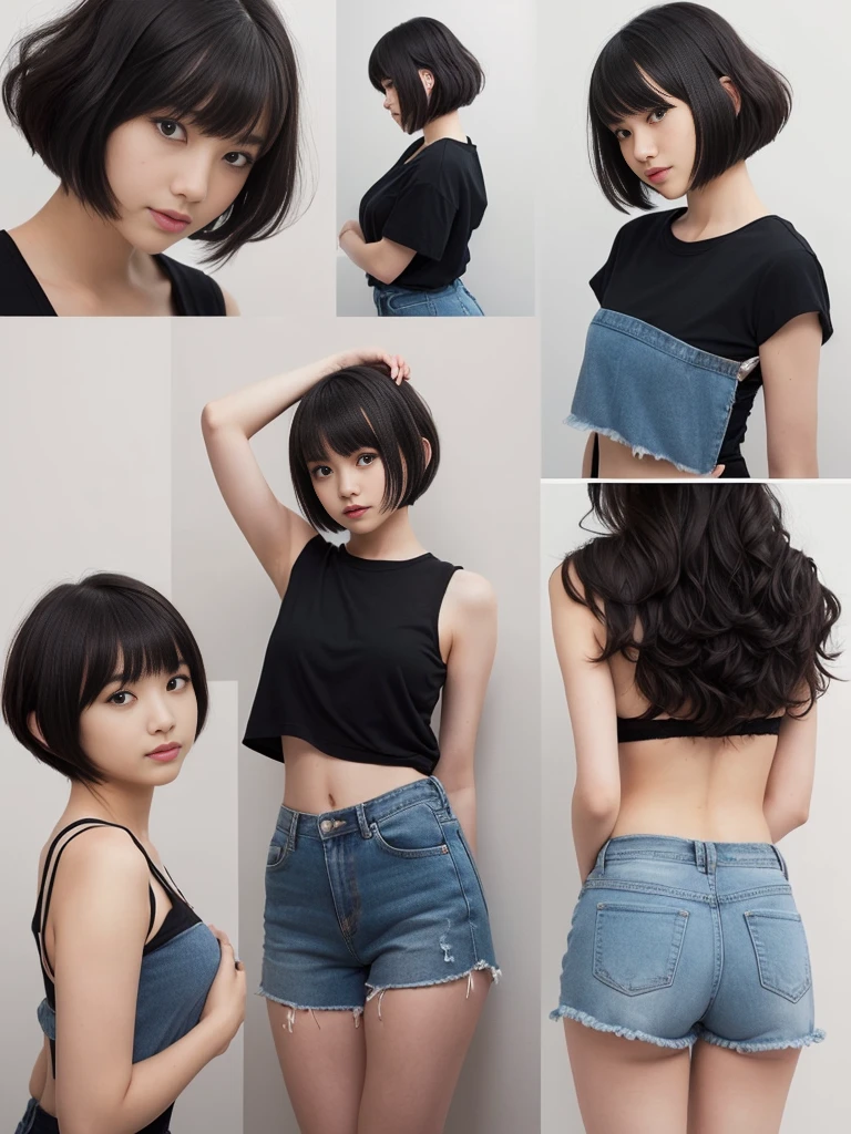 下からのショット,Landscape,Raise your arms,Emphasize the sides,(Highest quality, Very detailed, masterpiece:1.2), 1 women, Very thin body, length, Thin legs, ((Black wavy short layered cut hair hair:1.2)), ((Thick and fluffy bangs)), Very detailedな,((Over Size Tシャツ))