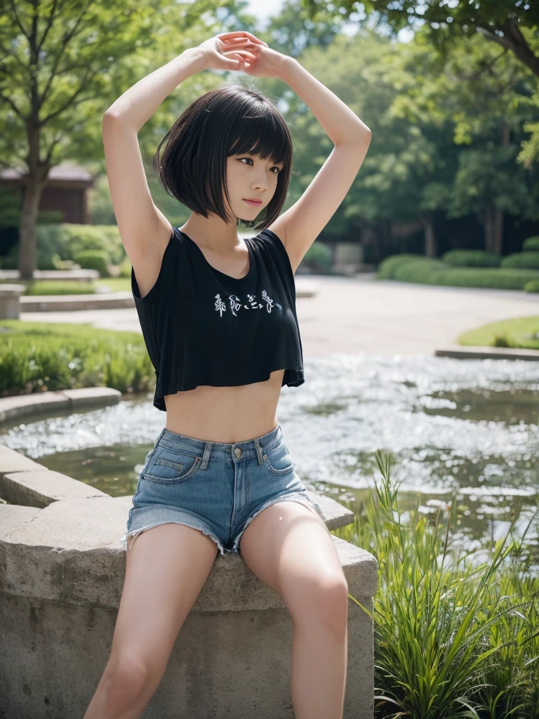 下からのショット,Landscape,Raise your arms,Emphasize the sides,(Highest quality, Very detailed, masterpiece:1.2), 1 women, Very thin body, length, Thin legs, ((Black wavy short layered cut hair hair:1.2)), ((Thick and fluffy bangs)), Very detailedな,((Over Size Tシャツ))