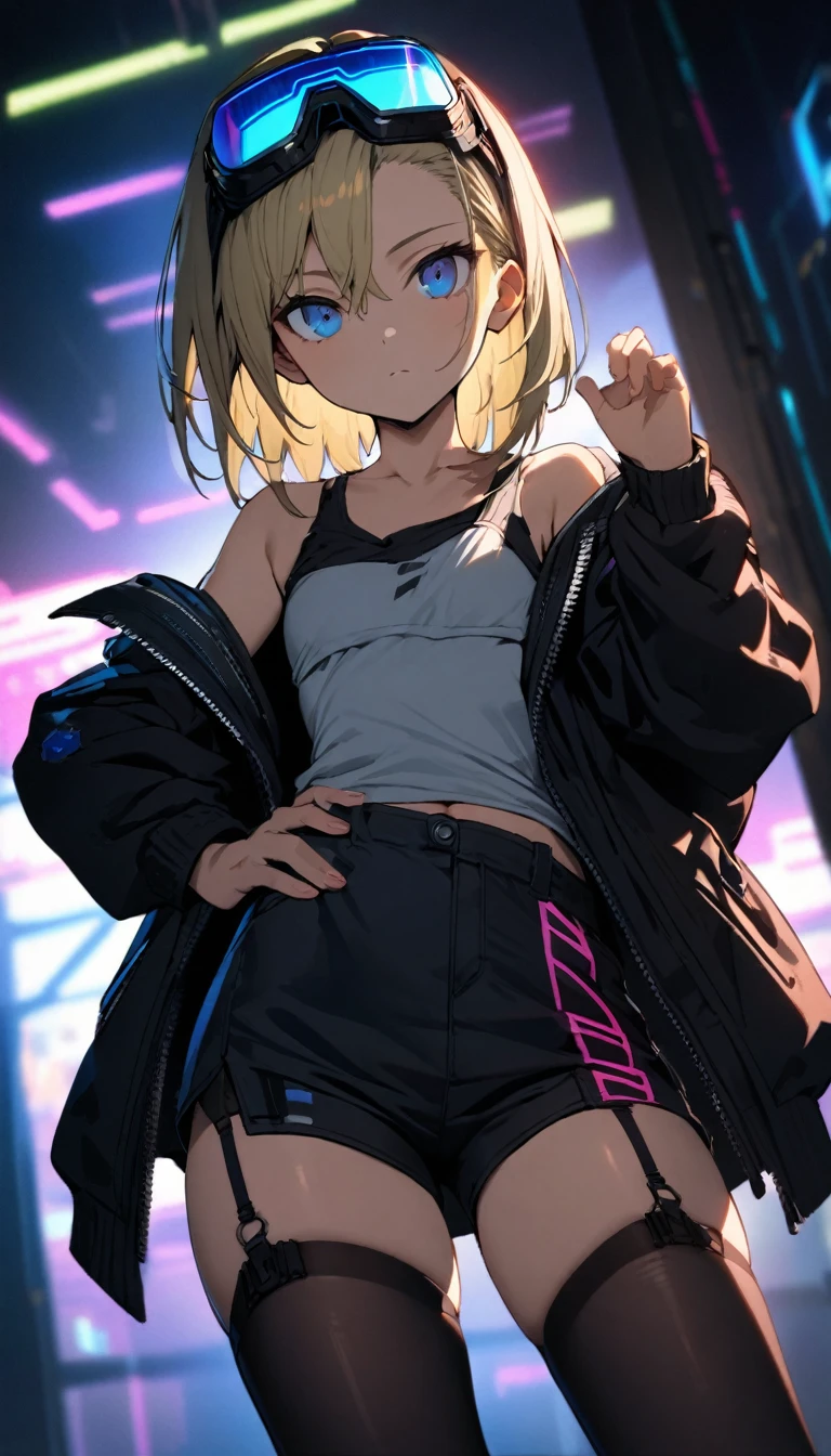 a handsome girl, 15yo, solo,
blond hair, asymmetrical bob, blue eyes, bright eyes,
cyber punk black jacket, tank top, goggles on head,
off shoulder, open jacket, black shorts, garter rings, black tights,
expressionless, one hand on hip,
blurry background, perfect lighting, perfect angle, masterpiece, best quality, extremely detailed face,