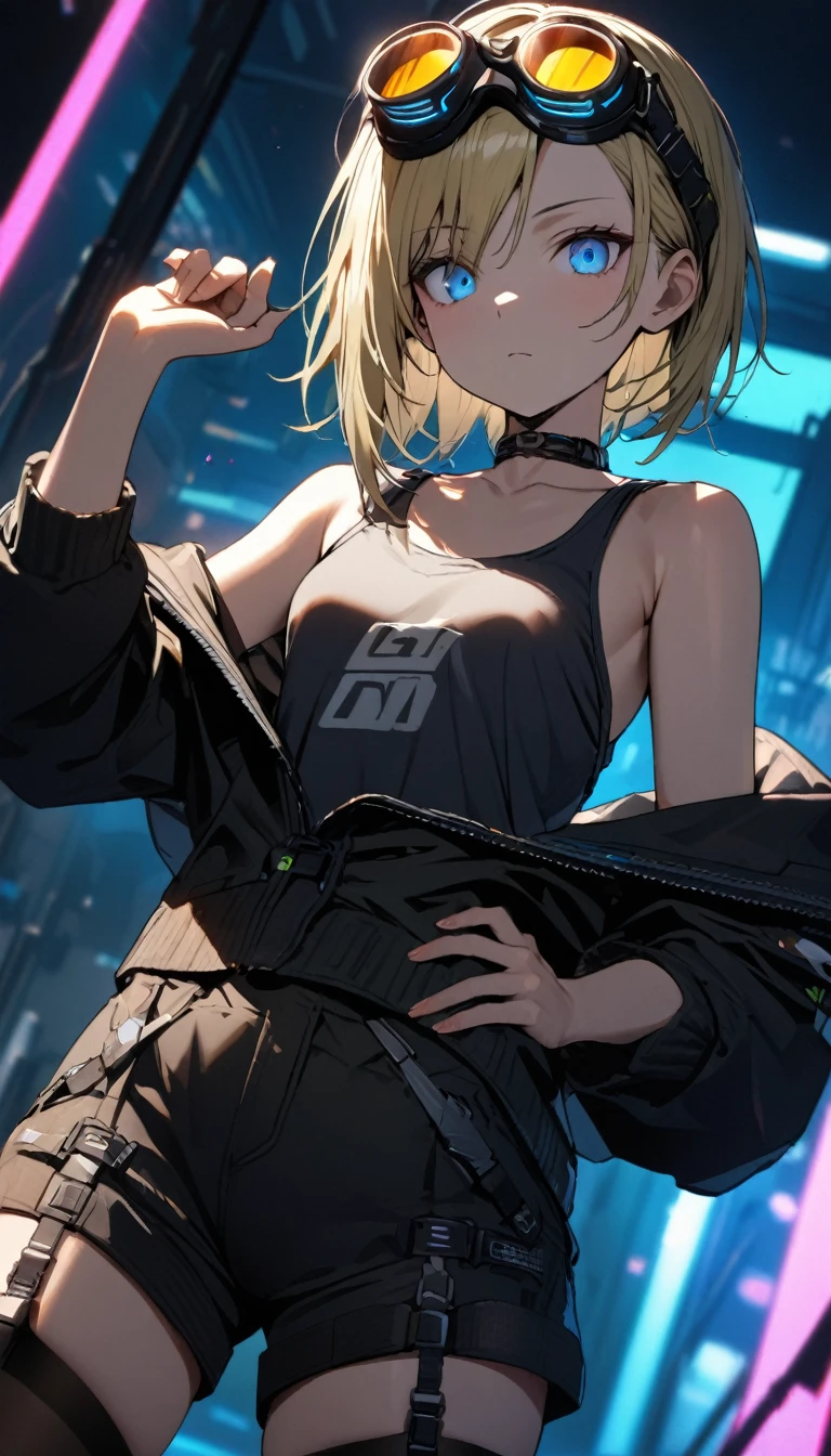 a handsome girl, , solo,
blond hair, asymmetrical bob, blue eyes, bright eyes,
cyber punk black jacket, tank top, goggles on head,
off shoulder, open jacket, black shorts, garter rings, black tights,
expressionless, one hand on hip,
blurry background, perfect lighting, perfect angle, masterpiece, best quality, extremely detailed face,