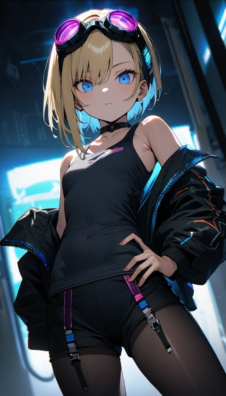 a handsome girl, 15yo, solo,
blond hair, asymmetrical bob, blue eyes, bright eyes,
cyber punk black jacket, tank top, goggles on head,
off shoulder, open jacket, black shorts, garter rings, black tights,
expressionless, one hand on hip,
blurry background, perfect lighting, perfect angle, masterpiece, best quality, extremely detailed face,