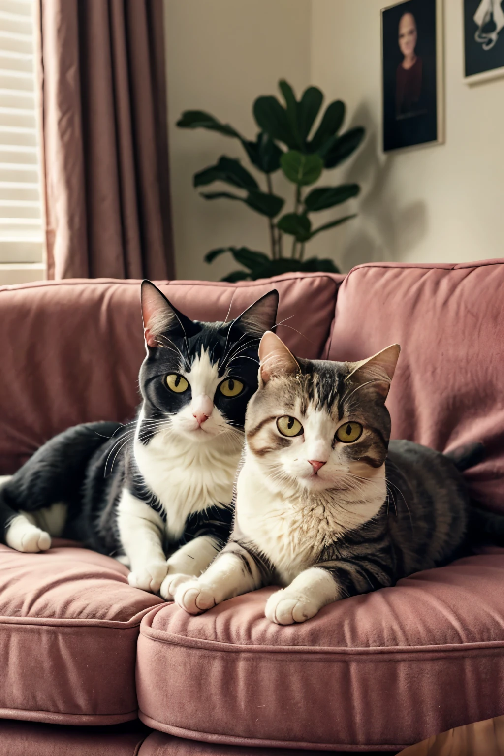 cute photography, two cat side by side on pink sofa, contrast color, indoor, depth of field, masterpiece