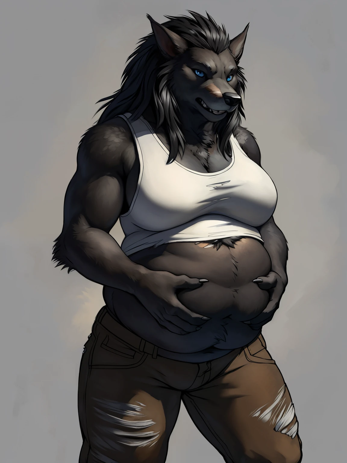 solo, ultra detailed), a beautiful and detailed full size portrait of a female anthro, canid, worgen, ((black body, dark skin, fur, long hair, black hair)), big body, adult, mature, fur, non-mammal breasts, looking at viewer, blue eyes, detailed background, looking at viewer, detailed eyes, sexy body, goddess, overweight body, fat belly, (weightchubby:1.8), kenket, Ross Tran,ruan jia, trending on artstation, foxovh, ((torn white tank top, torn brown pants)), ((front view)), big butt, ((in pain, hand on belly)), simple background, grey background