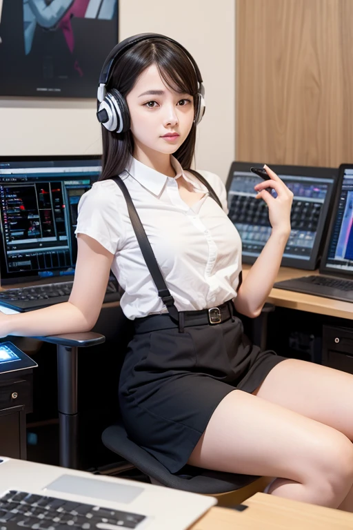 1girl, work listening to music