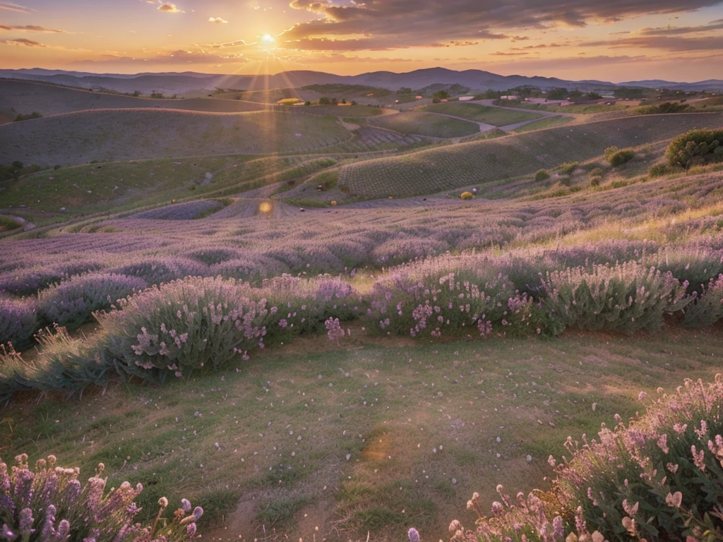 lavender field at sunset, a beautiful lavender field bathed in warm golden sunset light, detailed lavender flowers, dramatic sky with warm orange and pink hues, rolling hills in the distance, (best quality,4k,8k,highres,masterpiece:1.2),ultra-detailed,(realistic,photorealistic,photo-realistic:1.37),landscape,dramatic lighting,vibrant colors,natural scenery