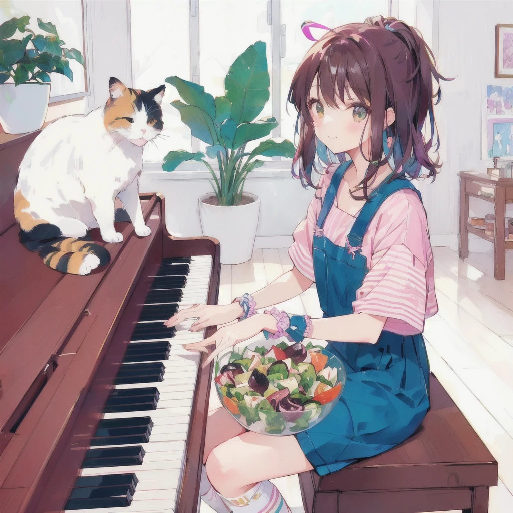 Anime girl playing piano with a bowl of vegetable salad and a cat, smile,80s atmosphere,Lo-fi Girl, Lofi Art, Portrait of Rofi, Lofi Artstyle, Lofi Color, Cool vibes, Anime Style 4k, Anime atmosphere, Cool vibe, lofi album art, Chill Hop, Lo-fi feeling, Lo-fi art, Lo-fi Girl aesthetic