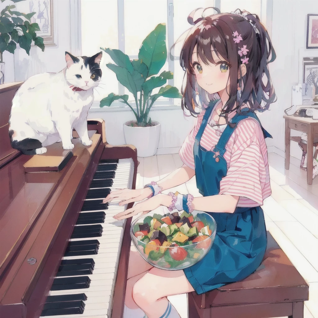 Anime girl playing piano with a bowl of vegetable salad and a cat, smile,80s atmosphere,Lo-fi Girl, Lofi Art, Portrait of Rofi, Lofi Artstyle, Lofi Color, Cool vibes, Anime Style 4k, Anime atmosphere, Cool vibe, lofi album art, Chill Hop, Lo-fi feeling, Lo-fi art, Lo-fi Girl aesthetic