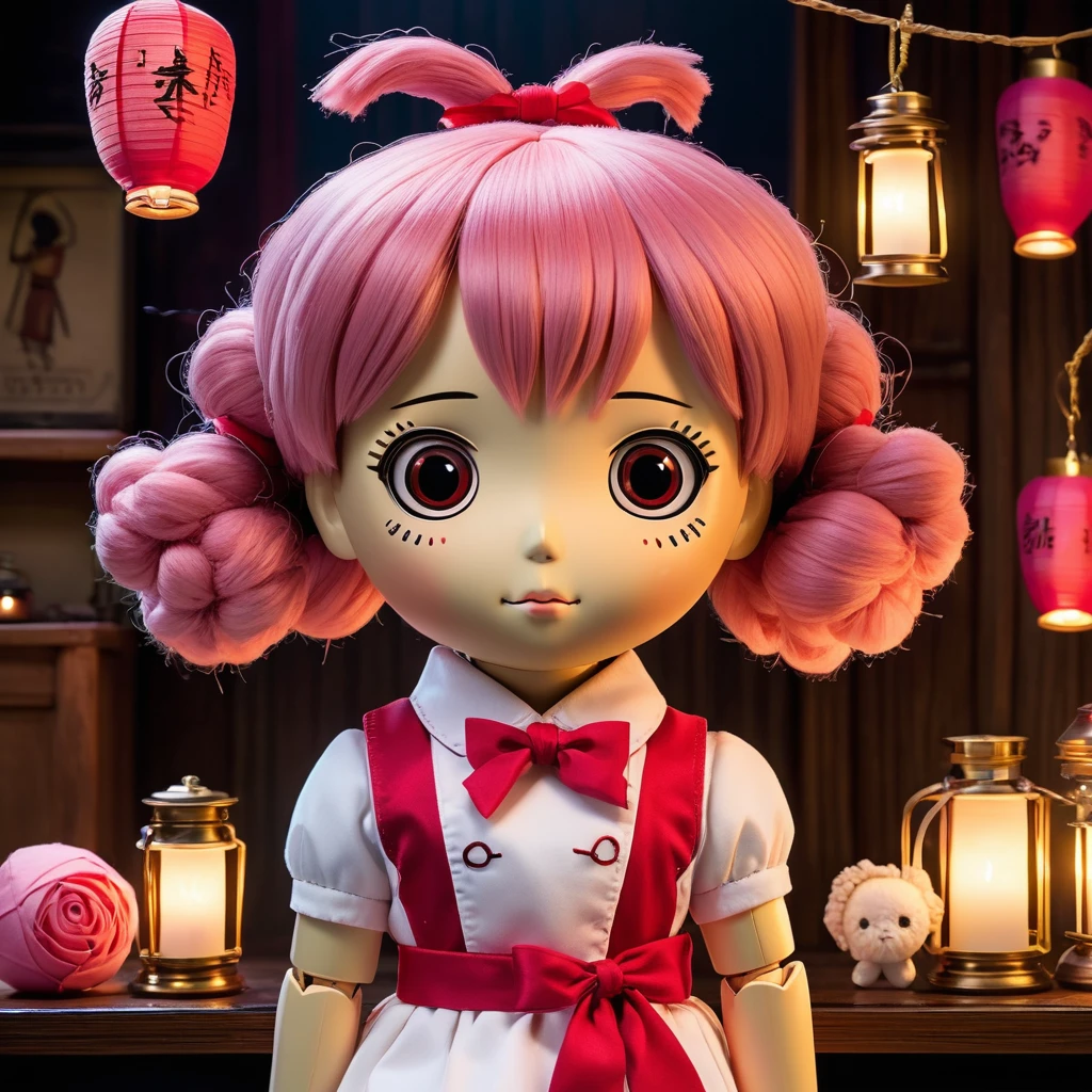 (knitted toy voodoo doll:1.9), (voodoo in the form of Chihiro Ogino from Spirited Away:1.3), (clothing: pink work uniform with white apron and red bow:1.0), (accessories: enchanted bath token that emits a soft glow, floating soot perfume:1.1), (background: mystical bathhouse with lanterns, ornate architecture and otherworldly atmosphere:1.2), best quality, masterpiece, detailed soft oil painting, detailed background, dramatic cinematic lighting, soft edge lighting, professional, dramatic lighting, hard edge lighting, ultra quality, 4k,masterpiece, best quality, 8k, ultra highres, highres, extremely detailed