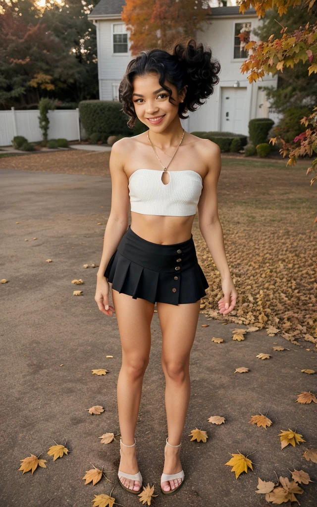 show the whole body, feet in sight, Aerial view, zendaya, rubio, Betty Boop Hairstyle, Skinny body, American , tiny skirt, smiling, shackles, without shoes, sunset, outside, fall, leaves on the ground, 8k, photorealistic