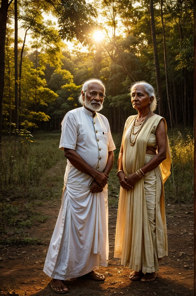 A Indian old man 200 year old and Indian woman 150 years old wear white simple dress,golden hour, sunset, love,parashoot,forest,