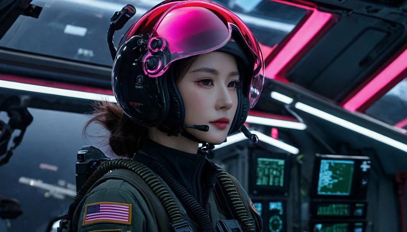 One girl, (Beautiful Face), Female fighter jet pilot, Holding a pilot pink helmet with LED interactive screen and HUD head up display on the visor, Visor-displayed targeting system, Communication Systems, Red Glasses、Open the visor, Sexy pose, Floating Hair, Are standing, (Upper thigh shot:1.3), DT Helmets, Pink combat suit, Advanced Fighter Background, (Intricate details), High resolution, (Intricate details, Ultra-detailed:1.2), Cinematic shots, ((masterpiece, high quality, 最high quality, Official Art, Beautiful and aesthetic, Detailed face, Fine grain、Red Glasses))