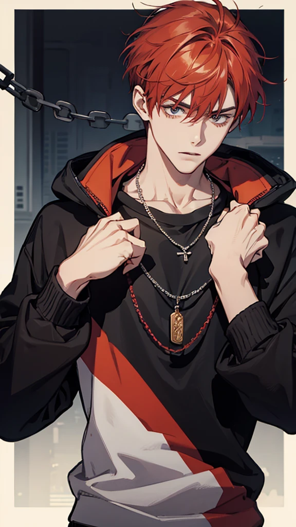 Young man, red hair, chain necklace, black sweatshirt, upper body
