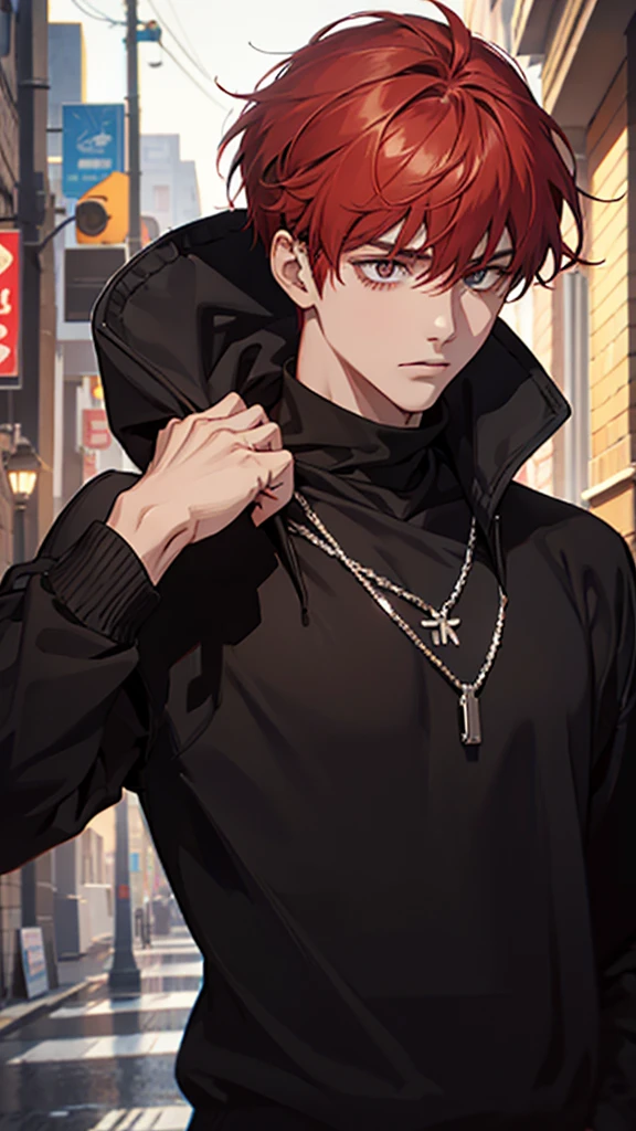 Young man, red hair, chain necklace, black sweatshirt, upper body