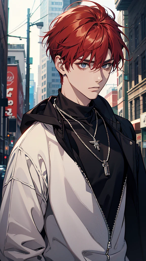Young man, red hair, chain necklace, black sweatshirt, upper body