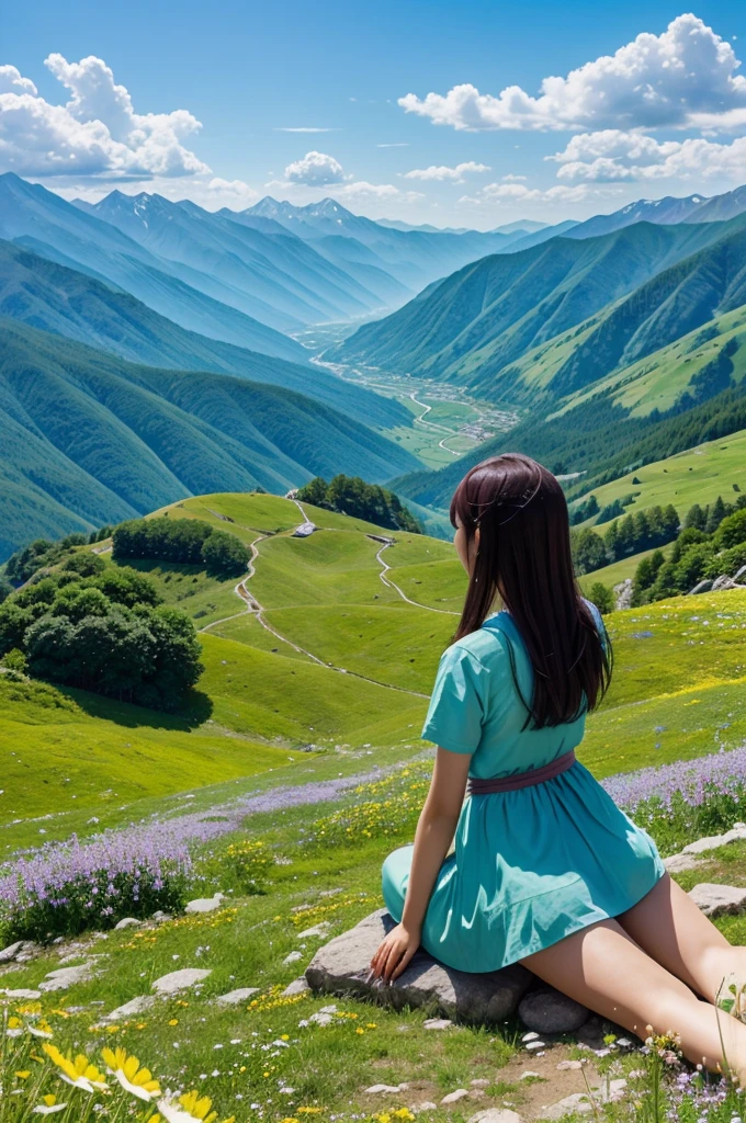 A calm anime girl sits on a beautiful mountain and reaches towards the endless blue sky Below, green meadows bloom with colorful flowers while distant peaks bask in the summer sun This is a peaceful scene, amazing and peaceful, 8K high quality
