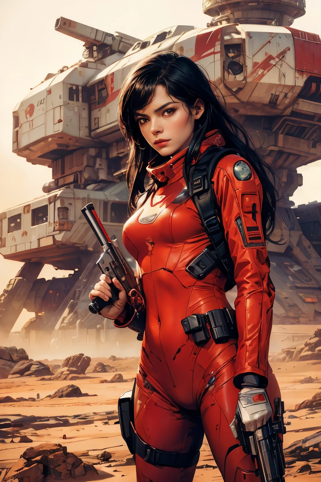 Close up portrait of woman in red suit holding gun, Detailed sci-fi art, alena aenami and art gelm, Chris Moore. art gelm, Sci-Fi illustrations, Sci-Fi illustrations, SF Women, art gelm jsc, Then Martin, Epic sci-fi character art, Epic sci-fi character art