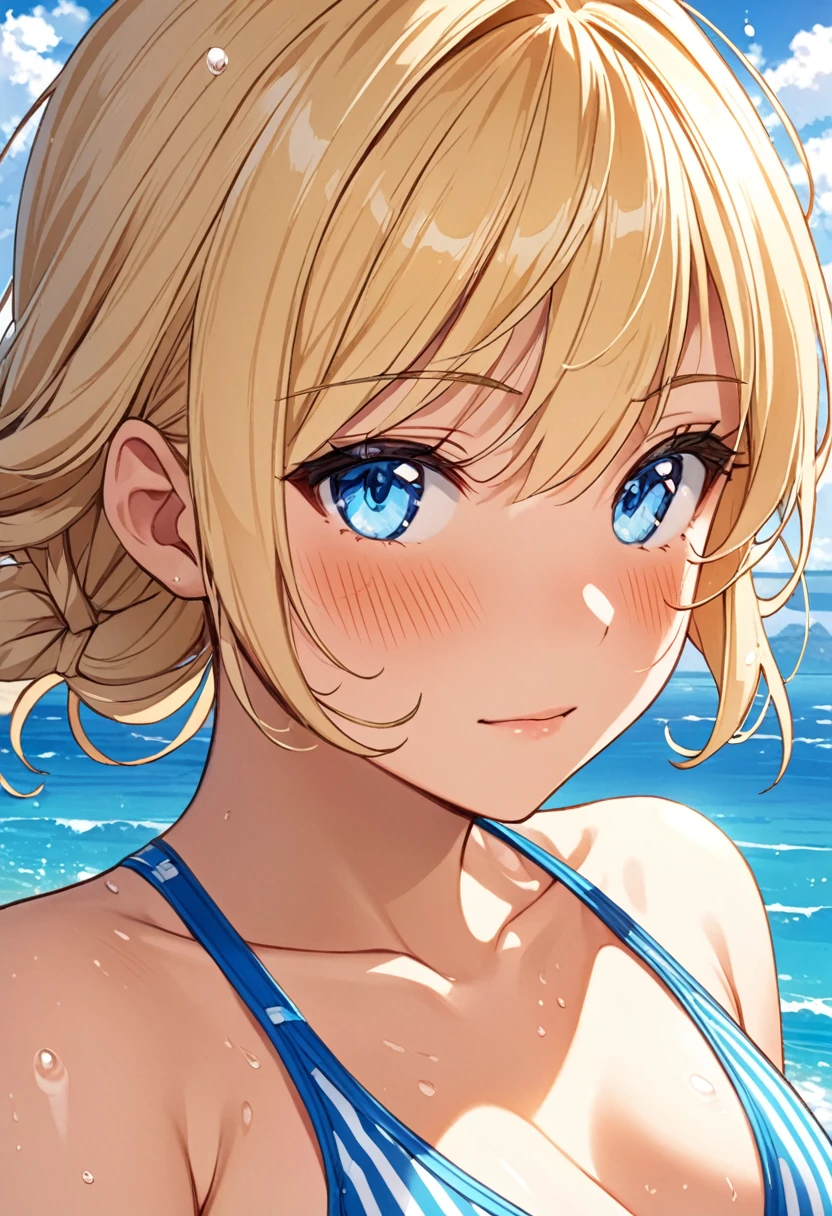 Highest quality,Blonde,Blue Eyes,Sunburn, ((Sunburn跡)),Swimwear, Ocean