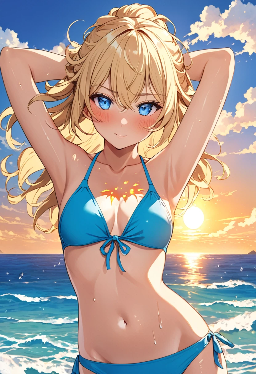 Highest quality,Blonde,Blue Eyes,Sunburn, ((Sunburn跡)),Swimwear, Ocean