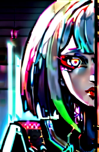 lucy \(cyberpunk\), 1girl, hair scrunchie, hime cut, silver hair, colored tips, full moon, grey eyes, jacket, long sleeves, looking at viewer, medium hair, multicolored hair, parted bangs, parted lips, pink hair, portrait, red eyeliner, red lips, solo, white jacket, cyberpunk \(series\), rainy night in a cyberpunk city with glowing neon lights