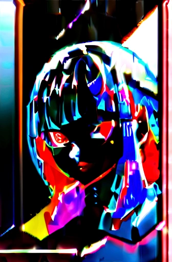 lucy \(cyberpunk\), 1girl, hair scrunchie, hime cut, silver hair, colored tips, full moon, grey eyes, jacket, long sleeves, looking at viewer, medium hair, multicolored hair, parted bangs, parted lips, pink hair, portrait, red eyeliner, red lips, solo, white jacket, cyberpunk \(series\), rainy night in a cyberpunk city with glowing neon lights