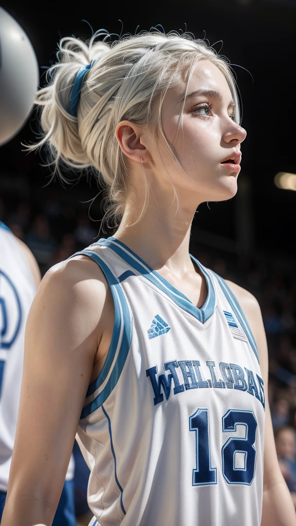female teenager with white hair up , light blue eyes and white skin, basketball player in profile