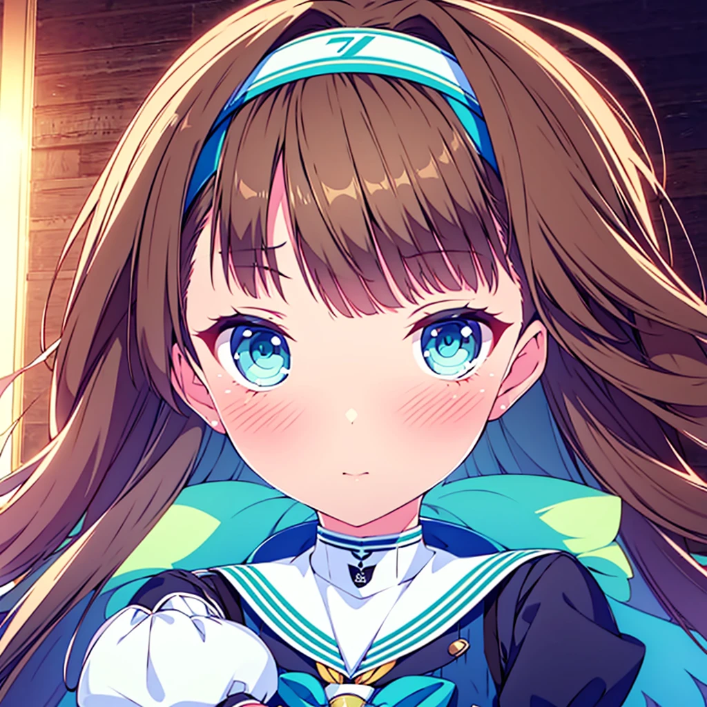 est quality,4k,highres),ultra-detailed,realistic,portraits,green eyes, long brown hair,anime style,futuristic,Y2K aesthetic,ribbon headband,small breast,futuristic sailor lolita dress,puffy sleeves,white and blue,colorful lighting. Full body en habitacion