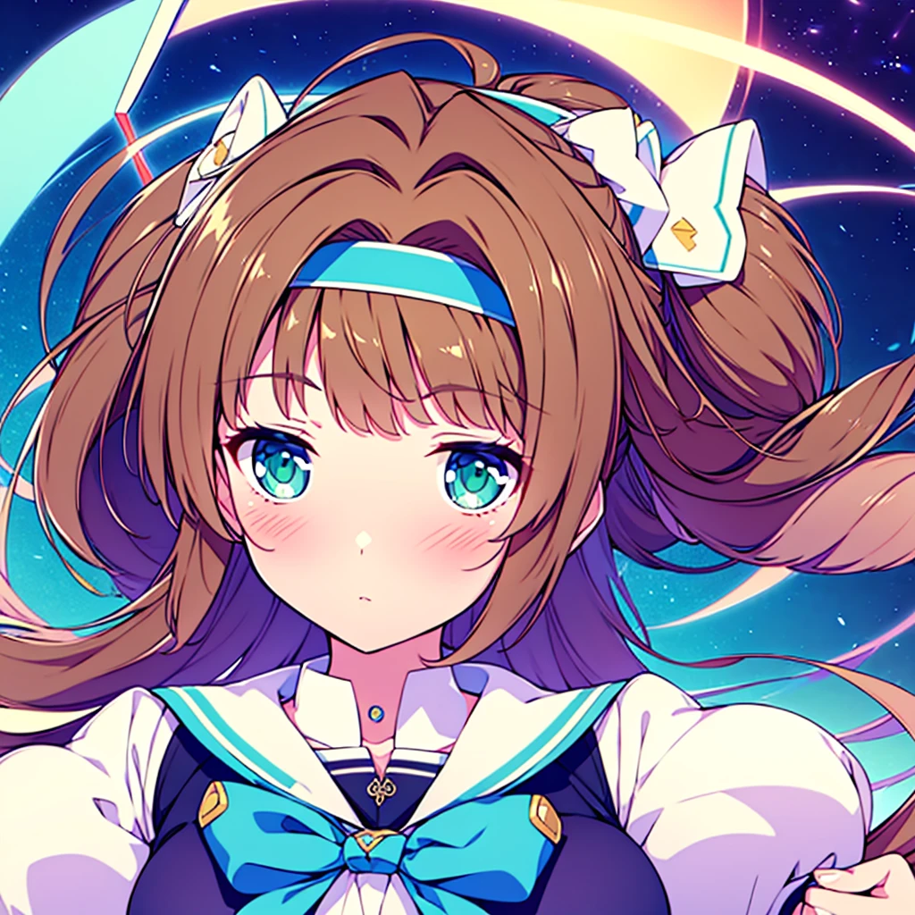 est quality,4k,highres),ultra-detailed,realistic,portraits,green eyes, long brown hair,anime style,futuristic,Y2K aesthetic,ribbon headband,small breast,futuristic sailor lolita dress,puffy sleeves,white and blue,colorful lighting. Full body en habitacion