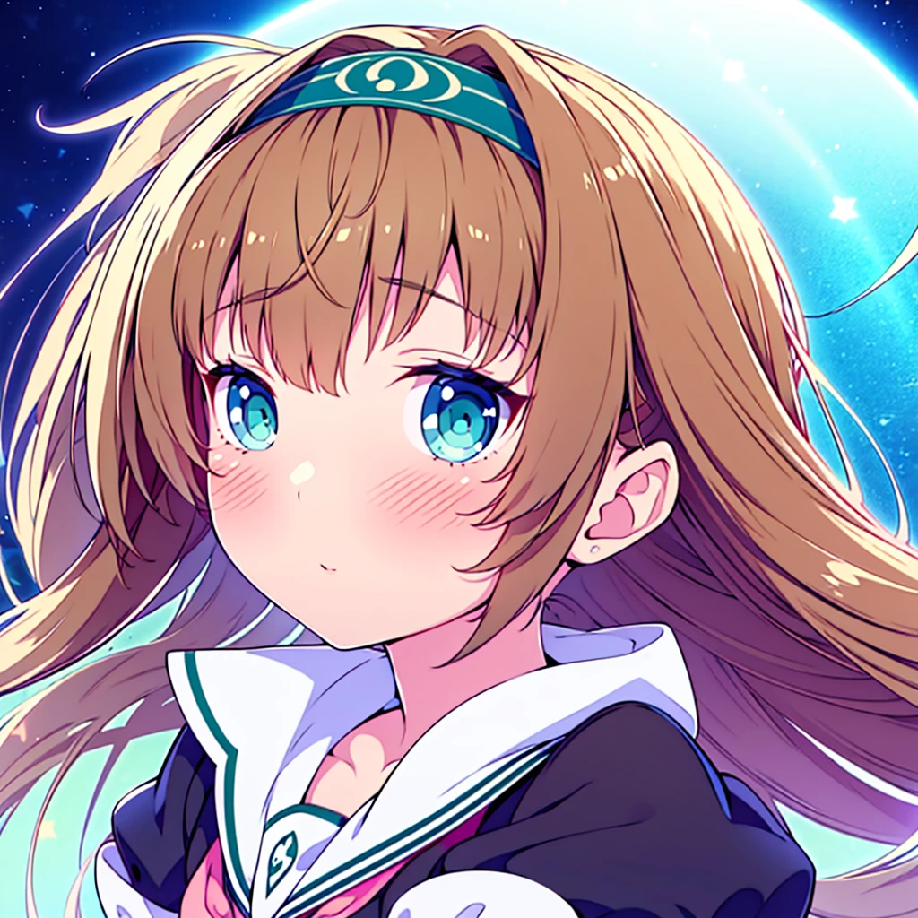 est quality,4k,highres),ultra-detailed,realistic,portraits,green eyes, long brown hair,anime style,futuristic,Y2K aesthetic,ribbon headband,small breast,futuristic sailor lolita dress,puffy sleeves,white and blue,colorful lighting. Full body en habitacion 