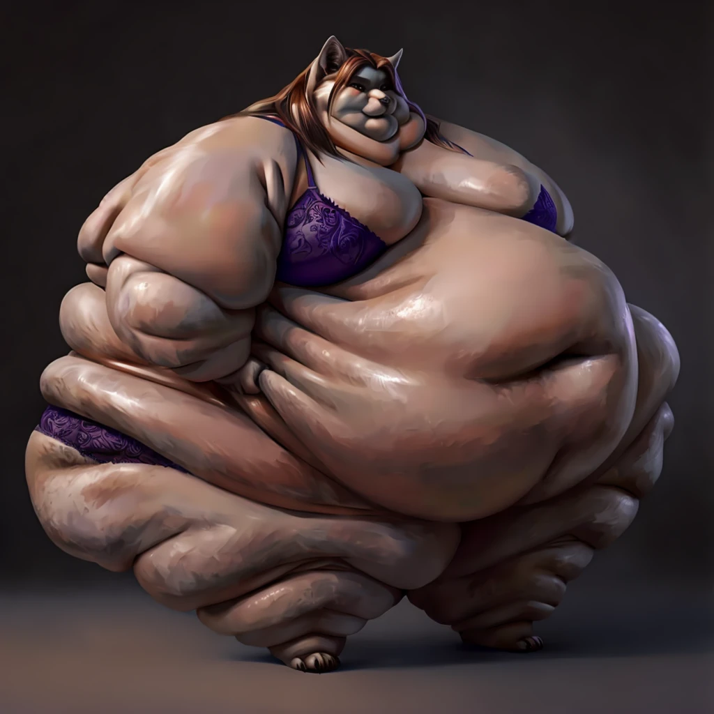 Wolf, female, long hair, huge breasts, huge hips, huge thighs, plump, voluptuous, morbidly obese, fat arms, fat legs, belly rolls, gorgeous, beautiful, eyelashes, feminine, realistic, huge body, corpulent, massive silhouette, feminine,fat arms, fat legs,fat rolls, saggy breasts, chubby cheeks, double chin , belly overhang, flabby belly ,fat face,underwear, bra,panties, realistic , gorgeous, beautiful, eyelashes , double chins