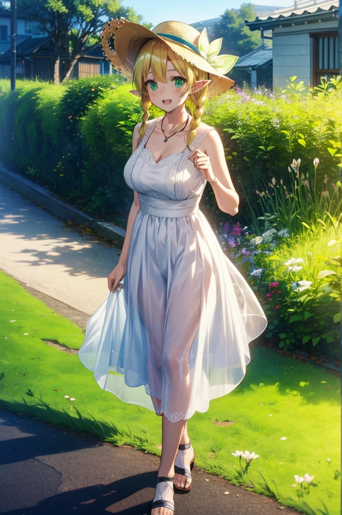 Suguhakirigaya, Suguhakirigaya, Long Hair,Blonde,Green Eyes,Pointy Ears,Short braids,,happy smile, smile, Open your mouth,Big Breasts,White straw hat,White sleeveless dress, bare arms,Green long skirt,Cute Sandals,Walking,Clear skies,whole bodyがイラストに入るように,
break outdoors, nature, forest, 
break looking at viewer, whole body,
break (masterpiece:1.2), Highest quality, High resolution, unity 8k wallpaper, (shape:0.8), (Beautiful attention to detail:1.6), Highly detailed face, Perfect lighting, Extremely detailed CG, (Perfect hands, Perfect Anatomy),