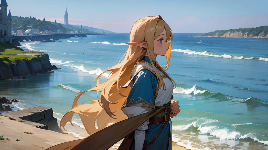 Anime Style,Nostalgic,Detailed background,The medieval world,Seaside,Beautiful sky,Beautiful Elf with a Bard's Smile,guitar,Large Breasts,Healthy thighs