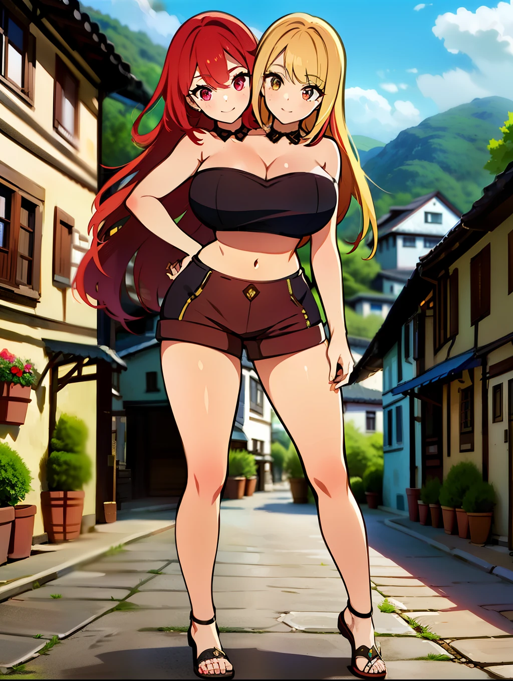 best quality, (masterpiece),(ultra-detailed), (high quality), (high resolution), ((2heads:1.5)), best quality:1.5, highres, UHD, 16K), ((two headed woman)), smiling, highres, masterpiece, ((red hair)), ((blonde hair)), ((different hair colors:1.5)), cleavage, ((crop top:1.5)), lustrous and smooth skin, seductive silhouette, gold rpg fantasy dress, sexy proportions, Beautiful girl with accentuated slender abs, ((full body)), ((village background:1.5)), ((exposed midriff)), body con dress, strapless, sleeveless, matching eye color, ((long hair)), ((sandals)), ((hot pants))