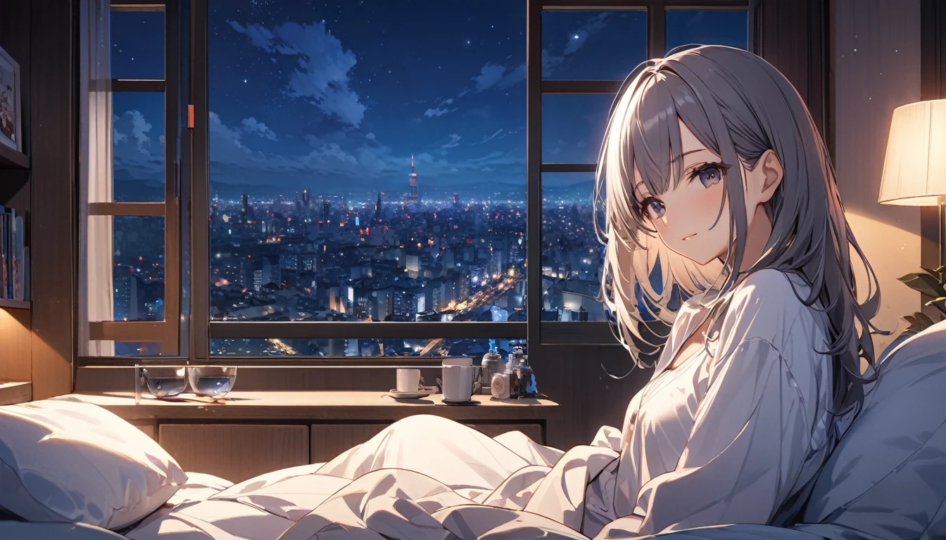 (Highest quality), Girl relaxing in her room,Large windows,Night view