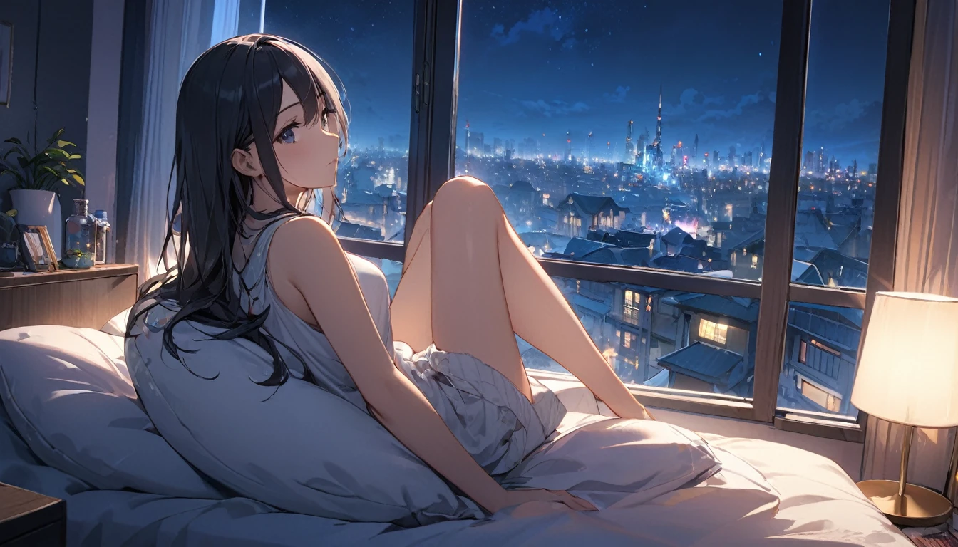 (Highest quality), Girl relaxing in her room,Large windows,Night view