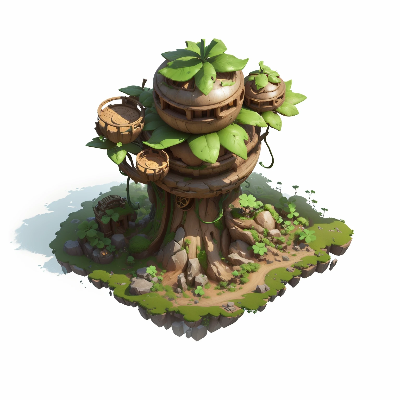 There is a small tree，There is a spherical building on top， Contains tree props, Game assets of plant and tree, stylized concept art, Stylized game art, Bonsai Tree House, Game image, 3D rendering style, Stylized 3d rendering, Stylized as 3D rendering, Game assets