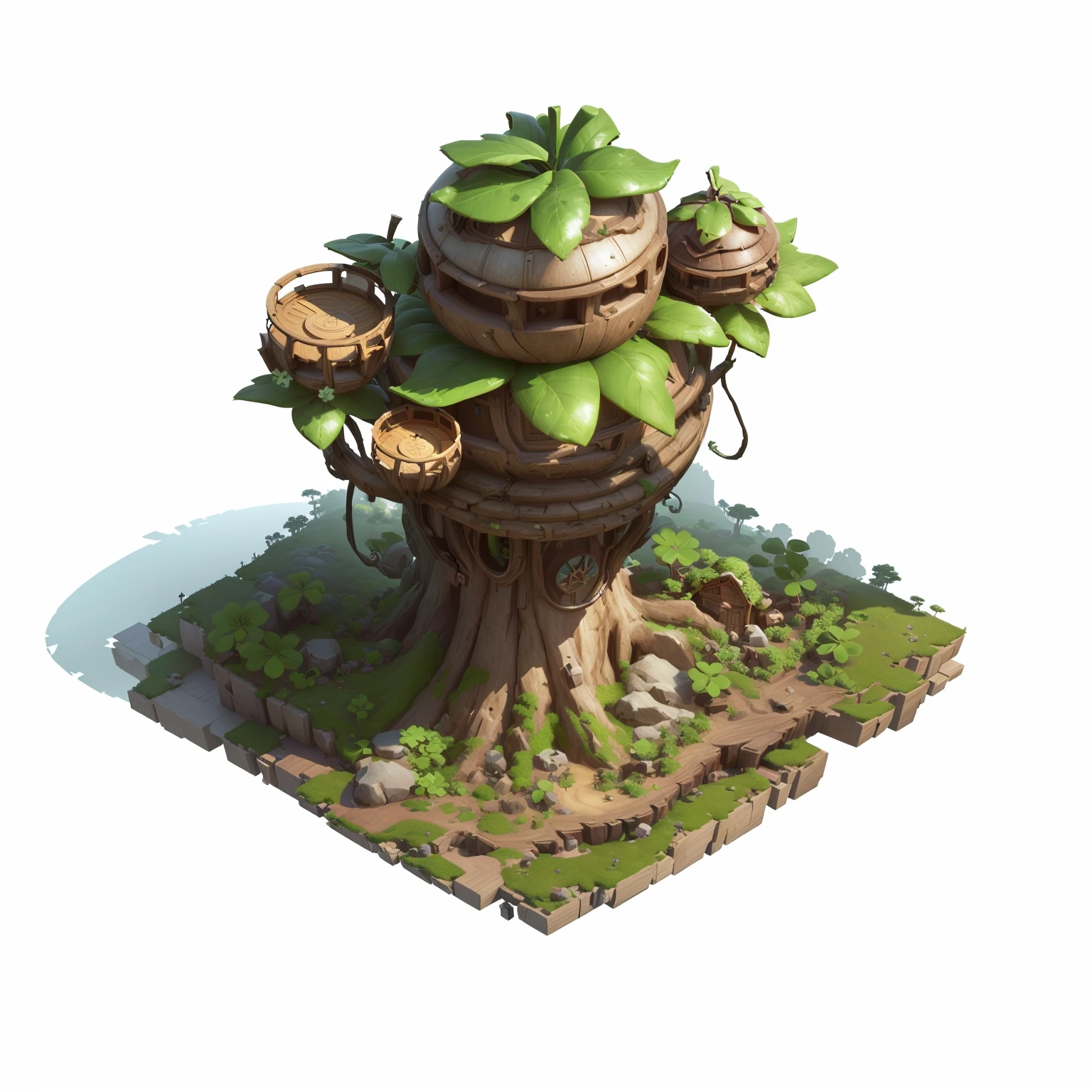 There is a small tree，There is a spherical building on top， Contains tree props, Game assets of plant and tree, stylized concept art, Stylized game art, Bonsai Tree House, Game image, 3D rendering style, Stylized 3d rendering, Stylized as 3D rendering, Game assets