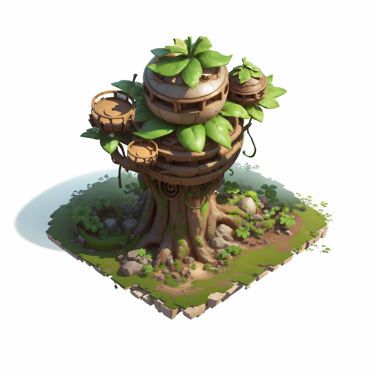 There is a small tree，There is a spherical building on top， Contains tree props, Game assets of plant and tree, stylized concept art, Stylized game art, Bonsai Tree House, Game image, 3D rendering style, Stylized 3d rendering, Stylized as 3D rendering, Game assets