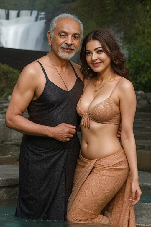 Day scene,kajal and Oldman, Indian black old man, couple pose, a Oldman and kajal in under the water fall, black lace bra and saree, detailed old man, old man gripping kajal waist,big cheeks, curvy, Hollywood lips, wet navel, deep cleavage, necklace, erotic face, 36 yo, ponytail, look at viewer and smile, (cinematic:1.3), intricate details, (ArtStation:1.2),Oldman and beautiful girl posing to viewers, detailed Oldman, old man waist gripping,