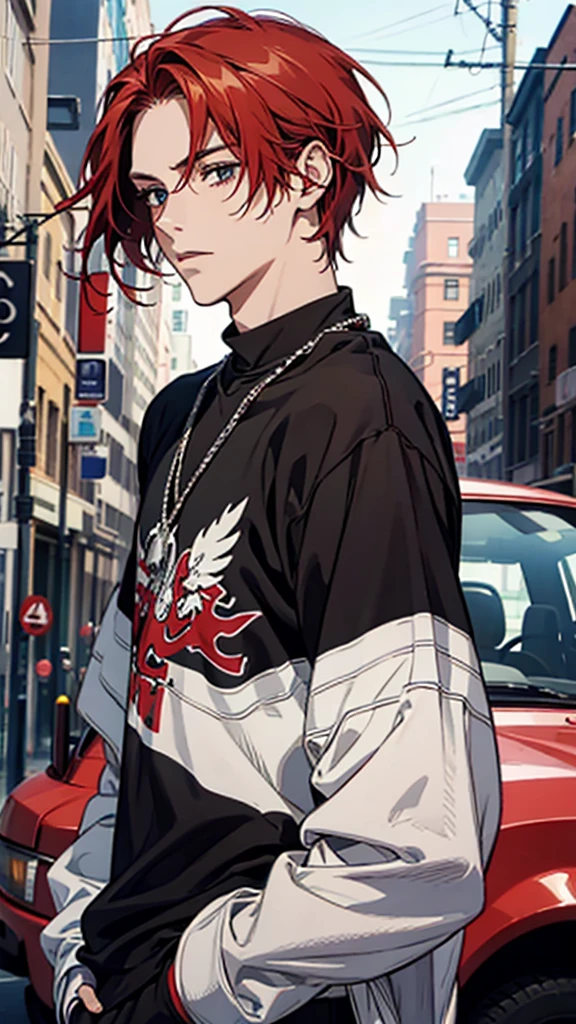 Young man, red hair, chain necklace, black sweatshirt, upper body