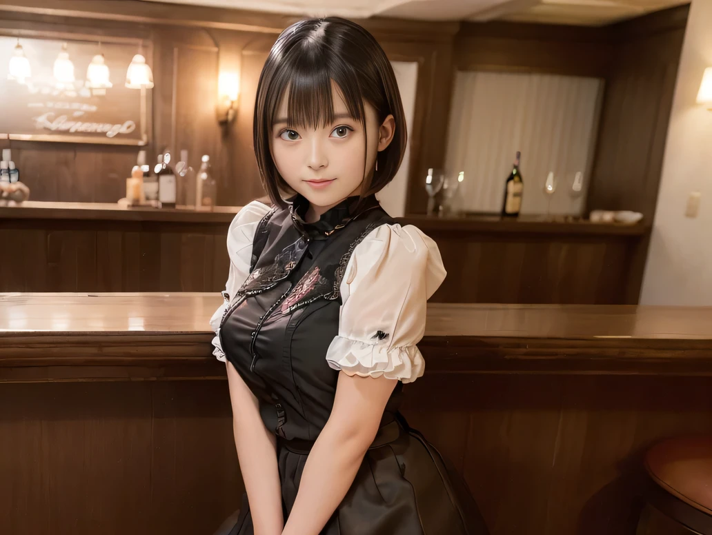 (Highest quality, masterpiece, Ultra-high resolution, 8K, RAW Photos, Realistic, Anatomically correct:1.5), 20-year-old girl:1.2, Embarrassing, avert your eyes, blush:1.0, View Viewer, ((Bar Lounge)) 、Large windows、Night view、 Light:1.2, Bokeh, Cinema Lighting:1.0, Depth of written boundary, sharp、 Cute face、Idol、(Black short sleeve tulle top)、((Black ruffle skirt))、(Black clothing)、”(dwarf)”、(Floral clothes)、(Full Body Shot)、Side angle、Cowboy Shot、 smile、(Ultra short hair)、(Short bob cut)、(Straight bangs)、(( One Girl))、Large Breasts、