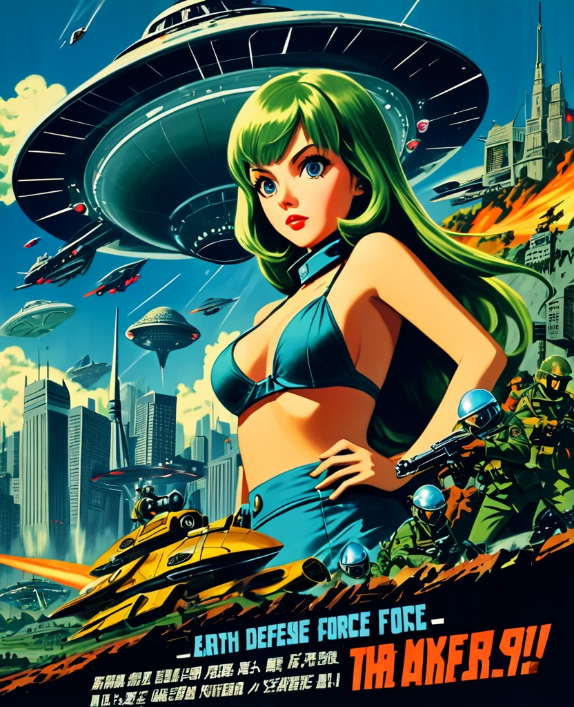 A retro-style movie poster depicting the Earth Defense Force fighting against UFOs. The scene is reminiscent of 1950s-1960s sci-fi movies, with vibrant colors, bold brushstrokes, and high-contrast shadows. In the foreground, brave female members of the Earth Defense Force are positioned heroically: a sharp-eyed leader, sexy combat bikini, and a scientist with futuristic gadgets. The background features a colossal UFO hovering menacingly over a futuristic city skyline. The overall composition exudes a sense of dramatic action and adventure. At the top of the poster, a bold, eye-catching tagline reads: "Earth Defense Force vs. The UFO Invasion!"