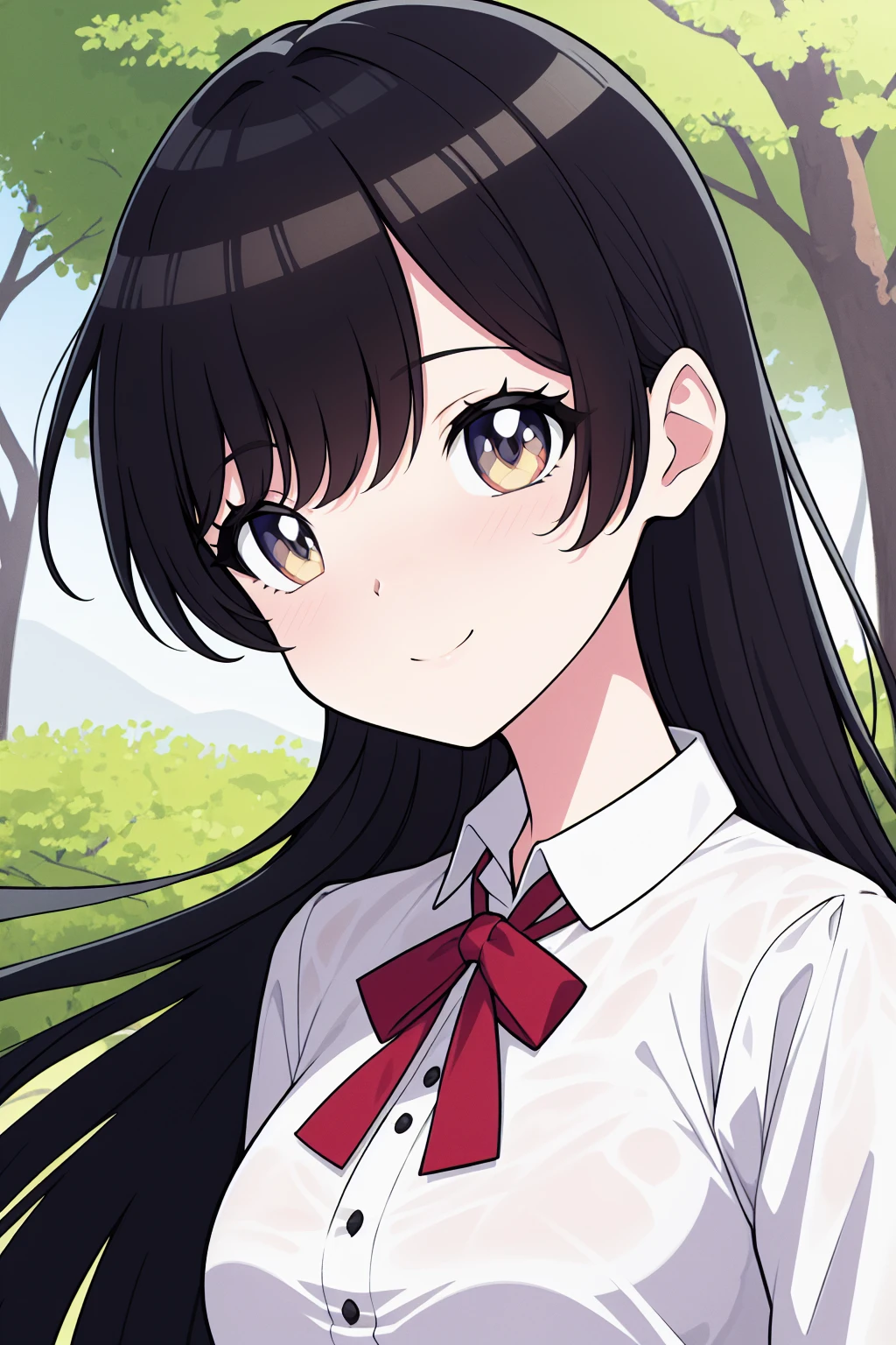(Masterpiece), (Best Quality), (Super Detail), (disheveled Hair), (Illustration), (1 Girl), (Interview), (Brief Background), Beautiful Detailed Eyes, Delicate Beautiful Face, Floating, (High Saturation), (Shine), Focus on Face, Black Hair, Bangs, Full Smile, Floating Hair. girl, maiden in love, pixiv illustration, top quality, super detailed, smile, clever, beautiful face, 4K, nature, sunlight through trees,