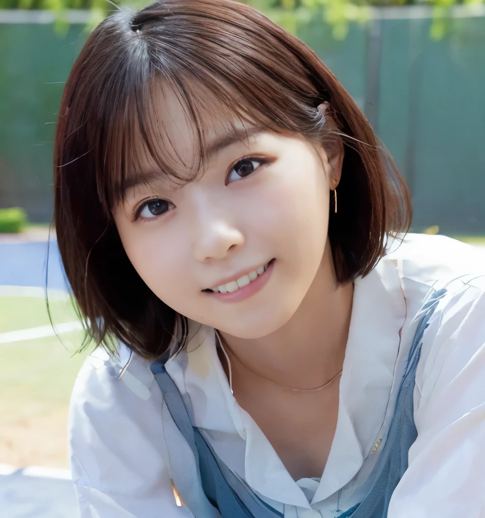 Best image quality、Highest quality、masterpiece、Ultra-high resolution、、immature、Realistic:1.4、Professional Lighting、Cute school girl、The cutest Nishino Nanase、Baby Face、Very short hair、thin、Moderate size chest cup bust、Large erect nipples、smile、Wearing tennis wear、Sitting on the tennis court